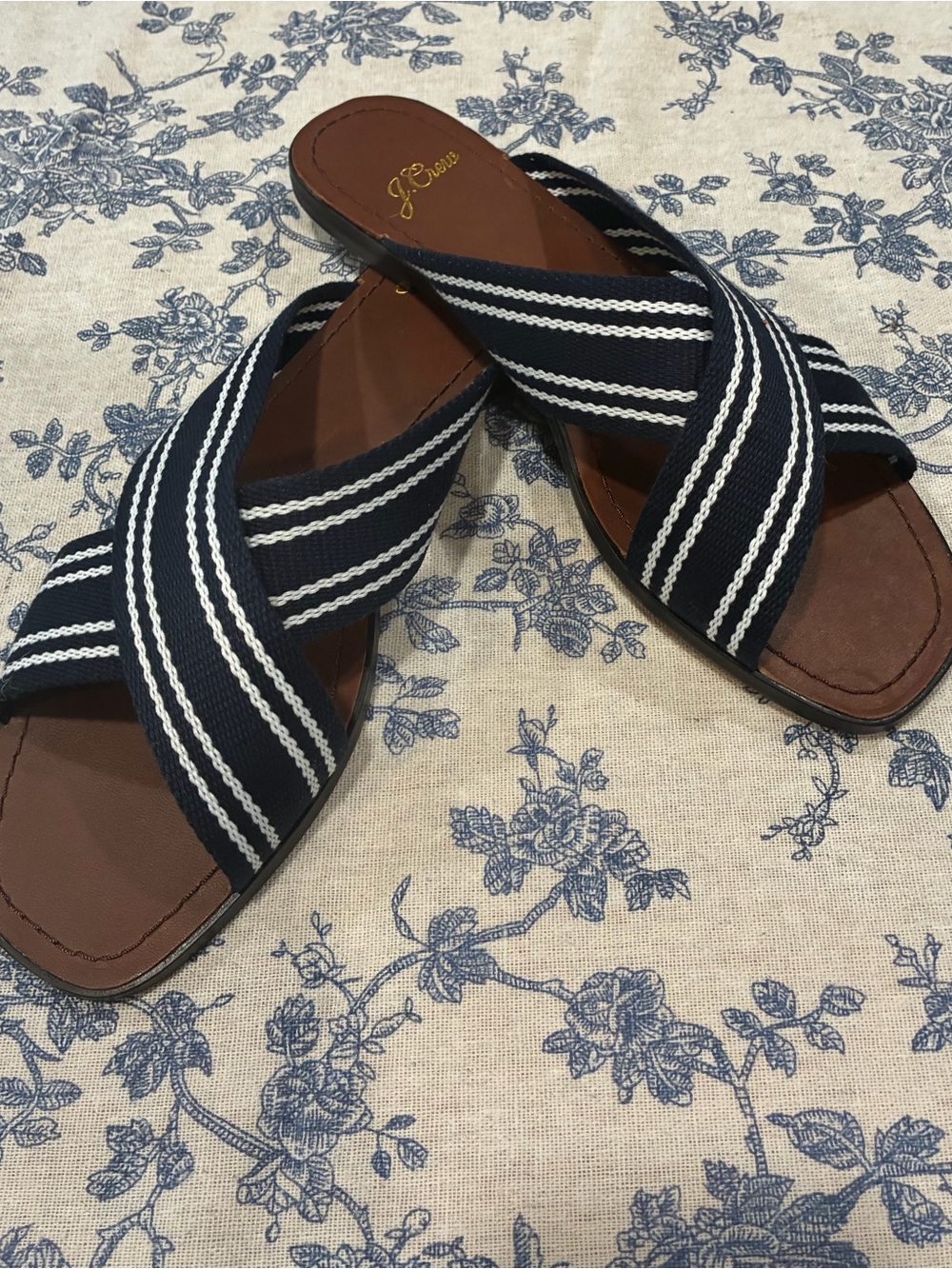 J. Crew Navy and White Striped Crisscross Slide Sandals